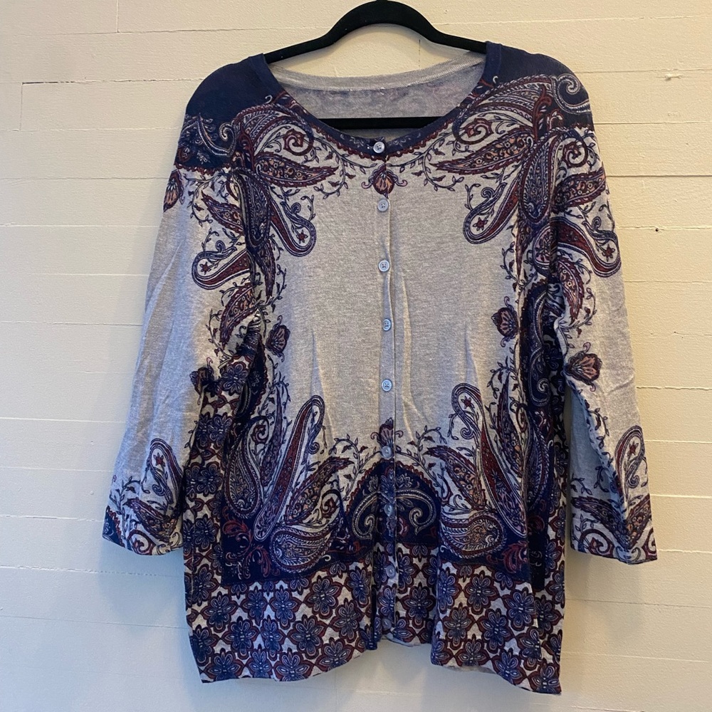Like New Plus Size Gray Purple Paisley Cardigan Size 1X